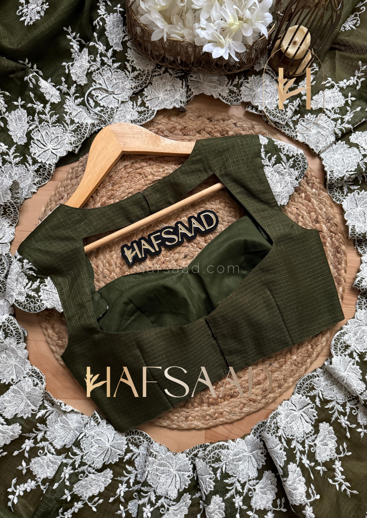 Celestia - Embroidered saree (Olive green)
