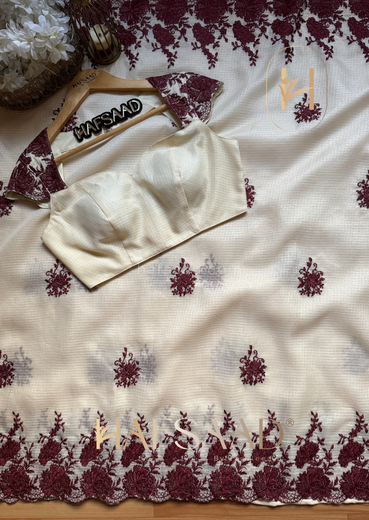 Celestia - Embroidered saree (Cream with maroon)