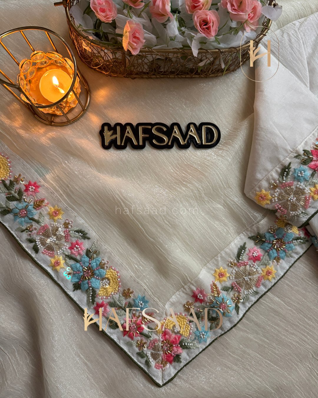 French fleur - Glass Chiffon Handwork Saree