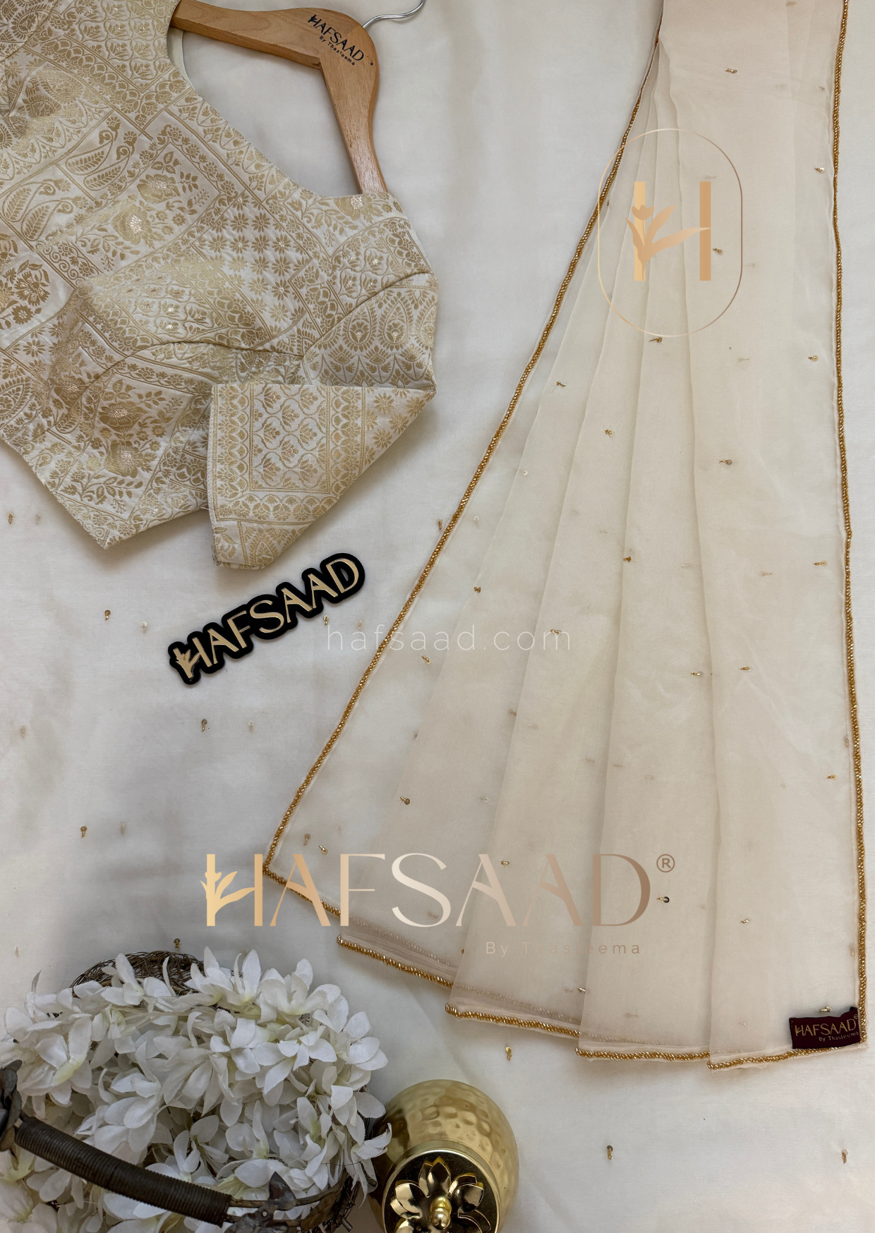 Kiara - Pure organza handwork saree (Half white)