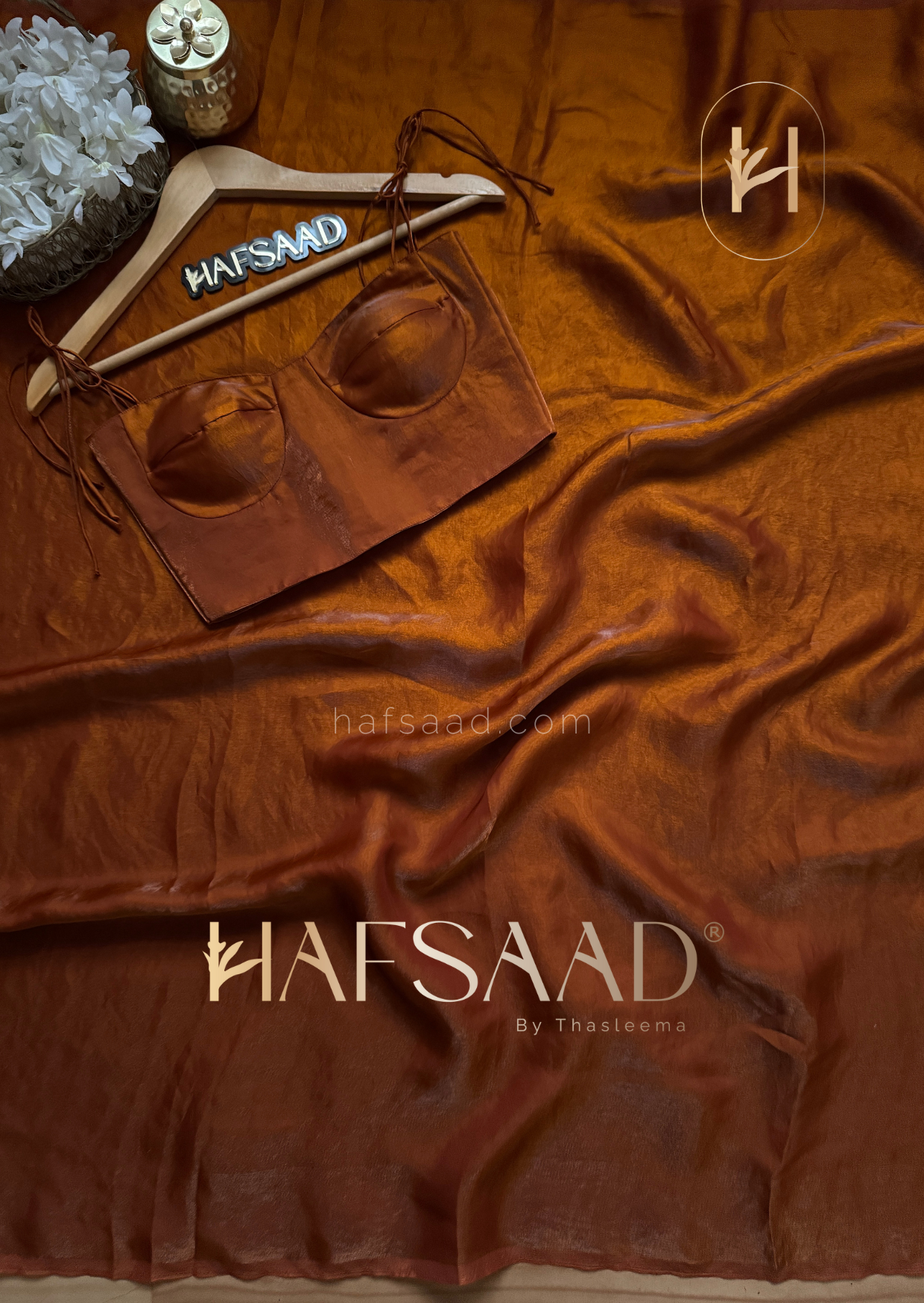 Sinful - Stardust satin saree (Burnt orange)