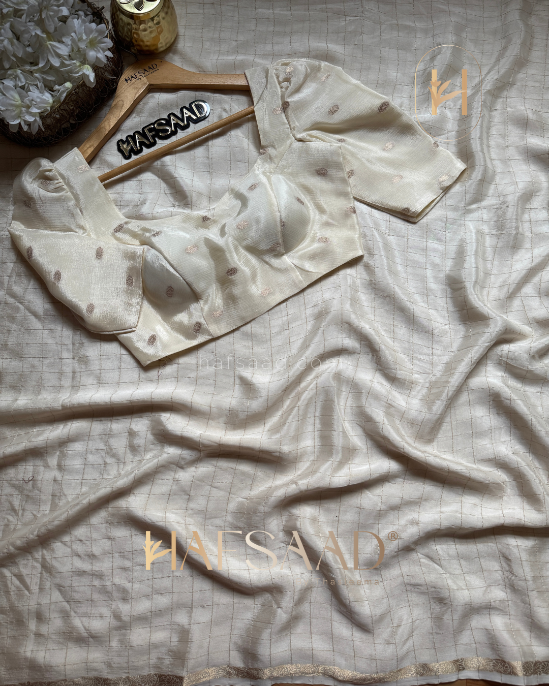 Madrasi - Premium crushed chinnon saree (Half white)