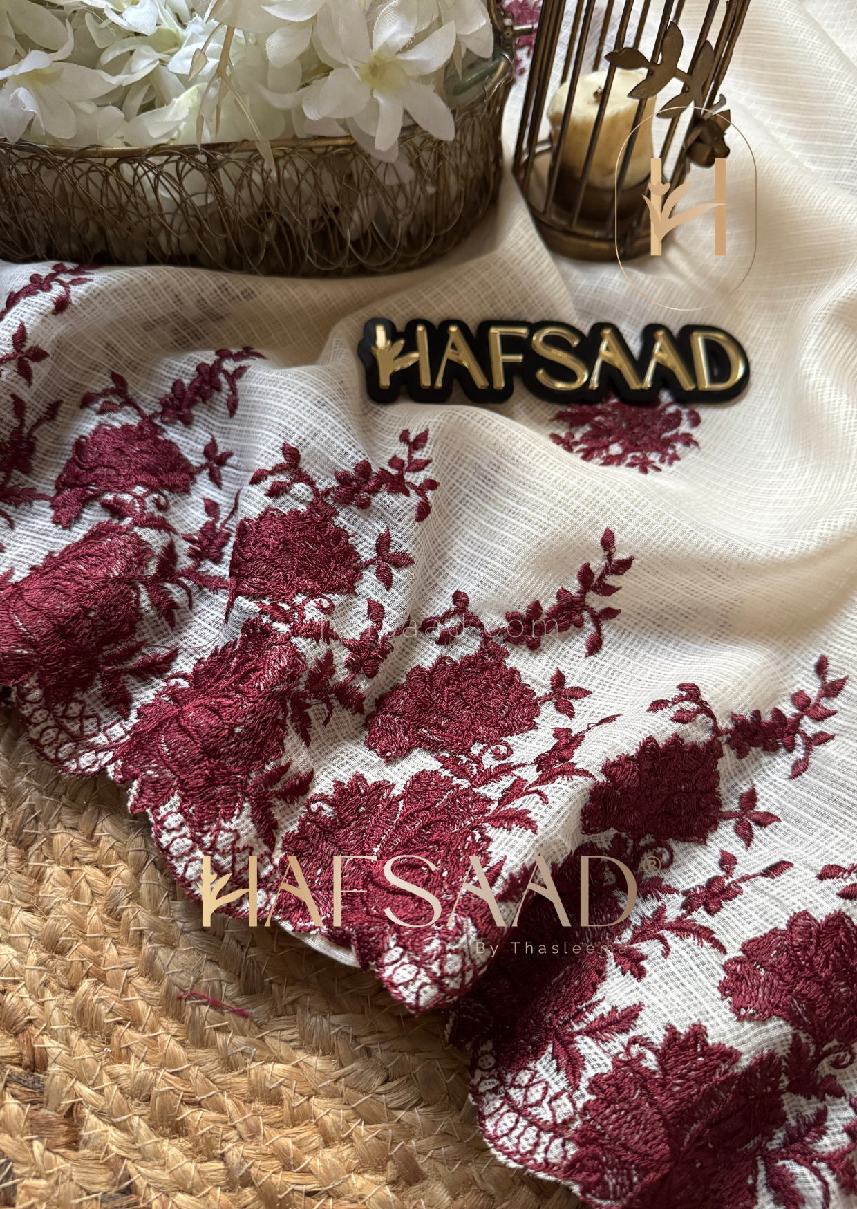 Celestia - Embroidered saree (Cream with maroon)