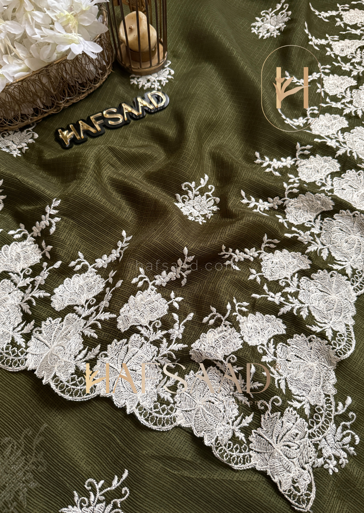 Celestia - Embroidered saree (Olive green)