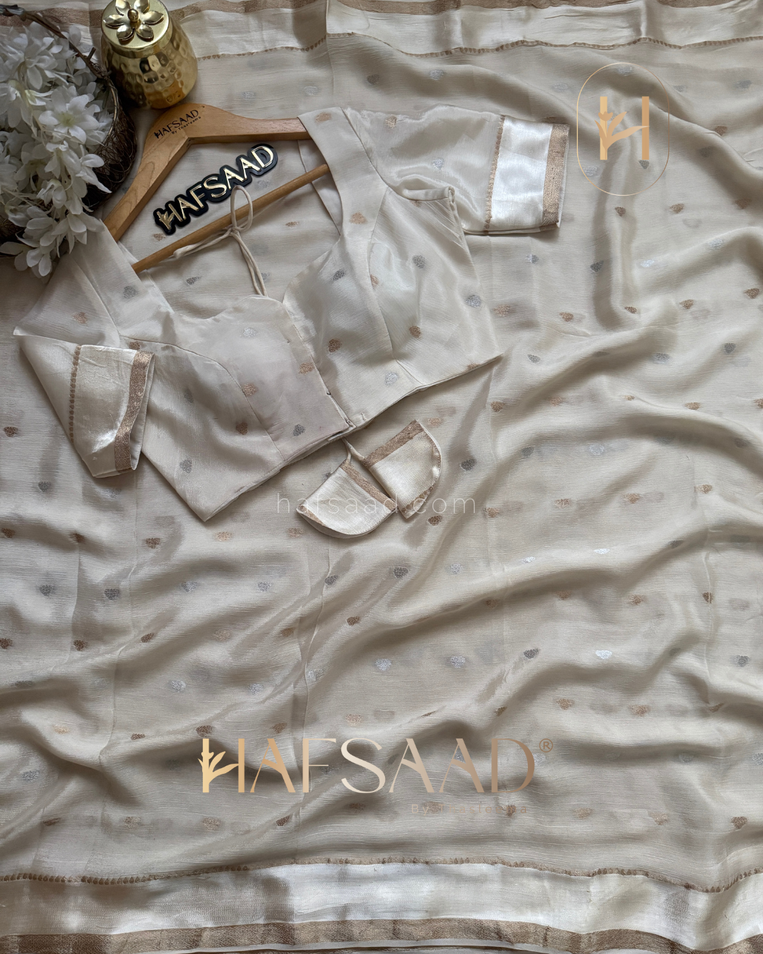 Tharini-Pure chinnon saree (Half white)