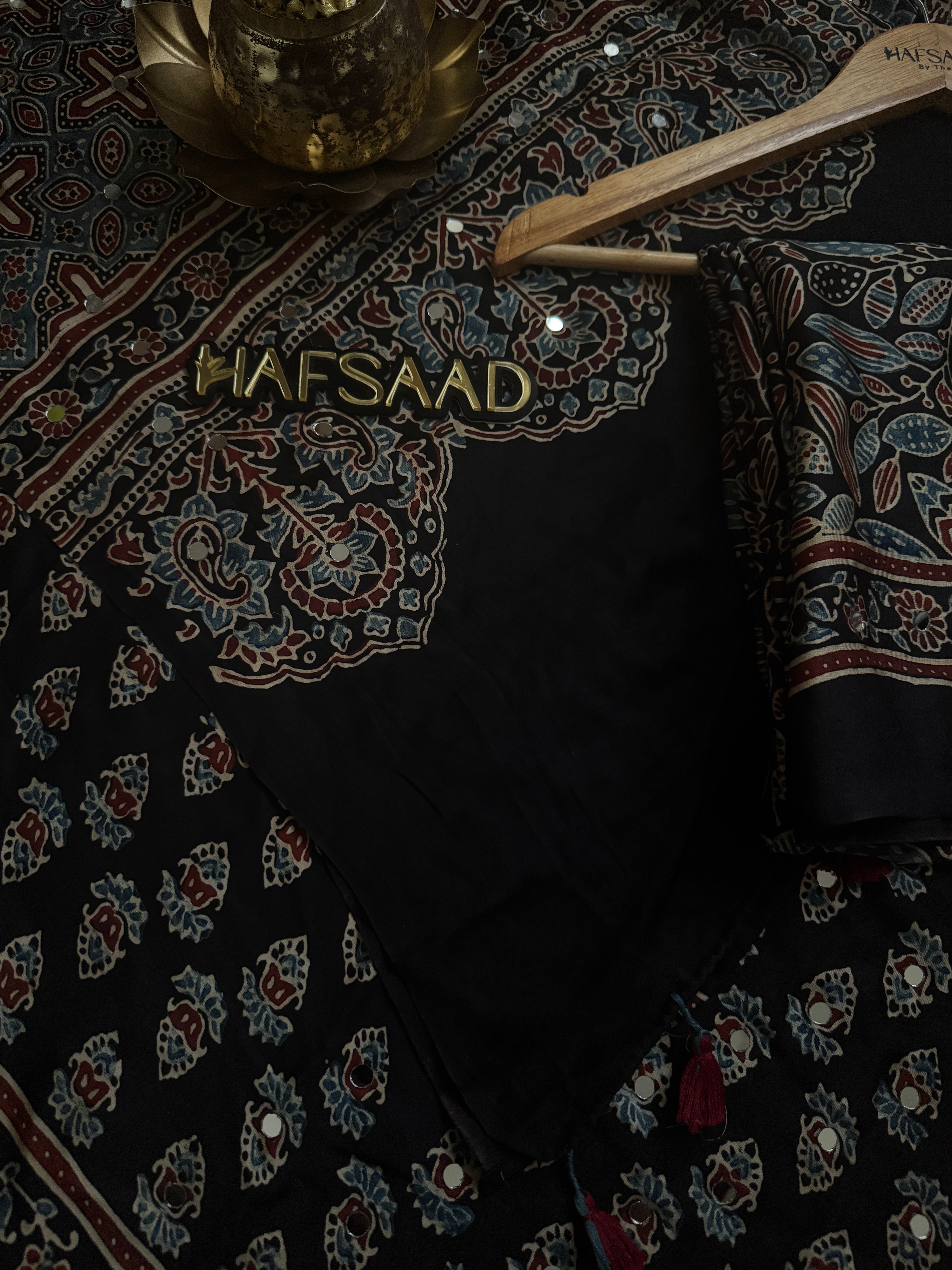Mohana-Pure Ajrakh Mirror Work Saree(Black)