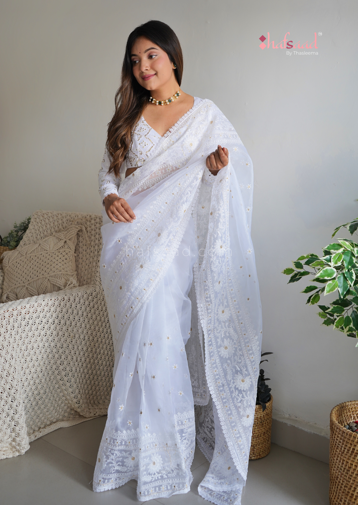 Blushed- White chikankari organza saree