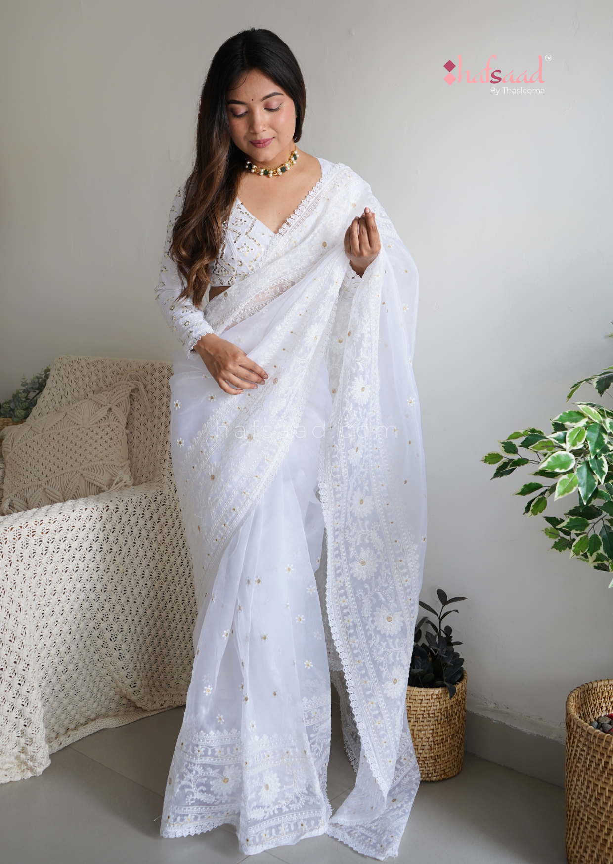 Blushed- White chikankari organza saree