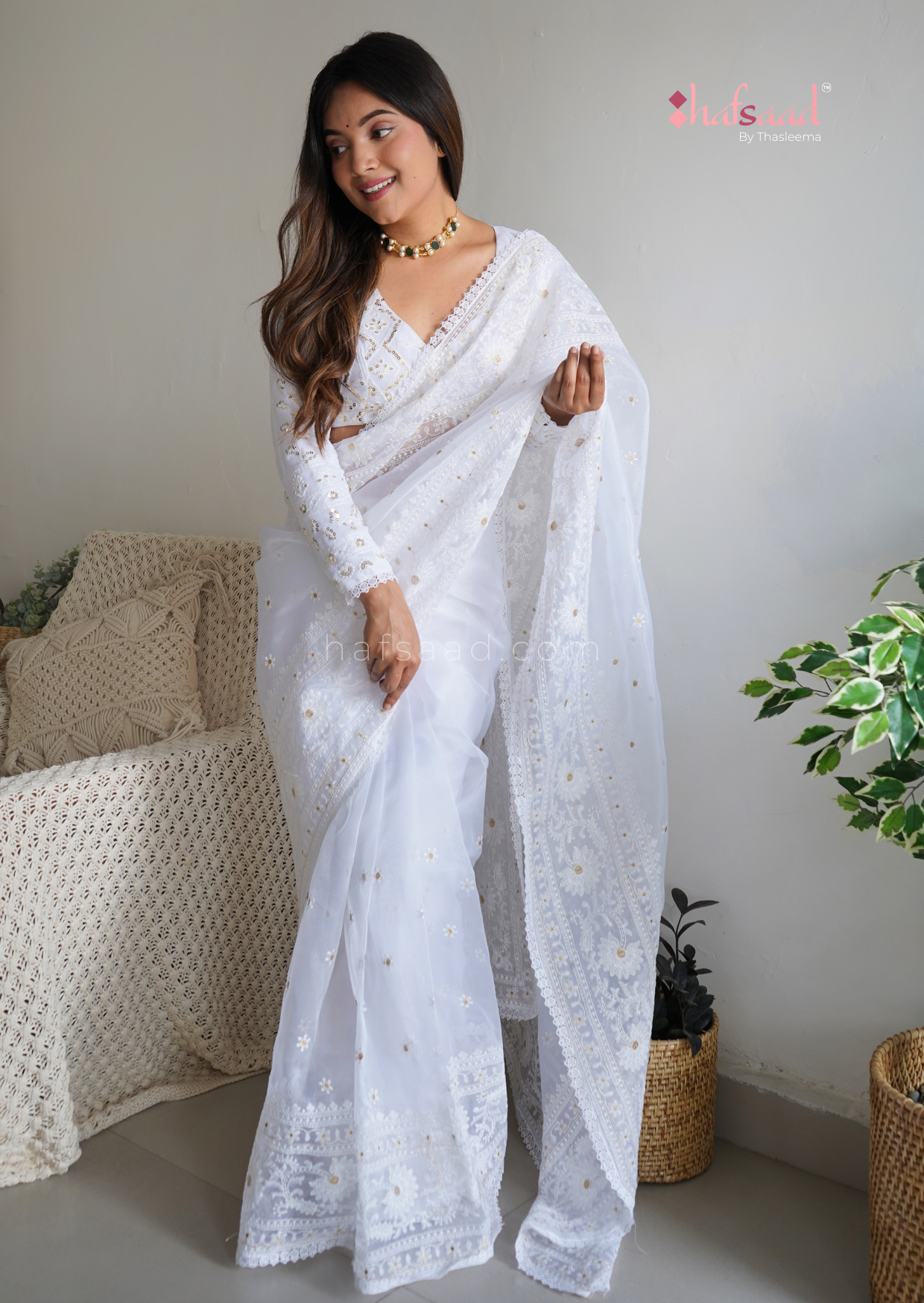 Blushed- White chikankari organza saree