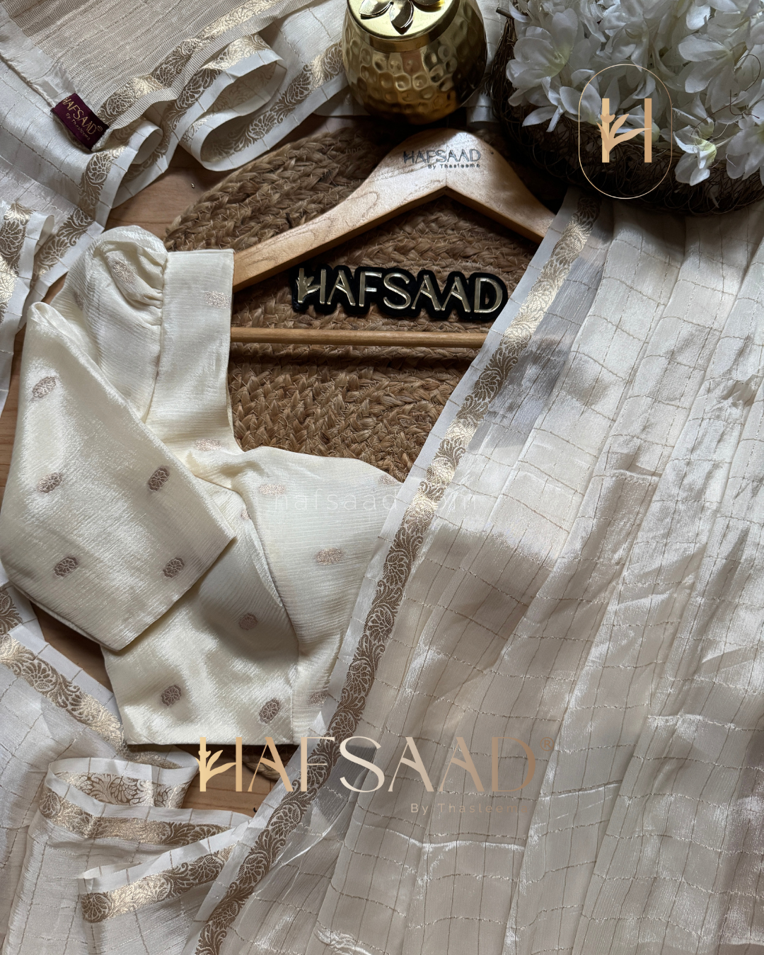 Madrasi - Premium crushed chinnon saree (Half white)
