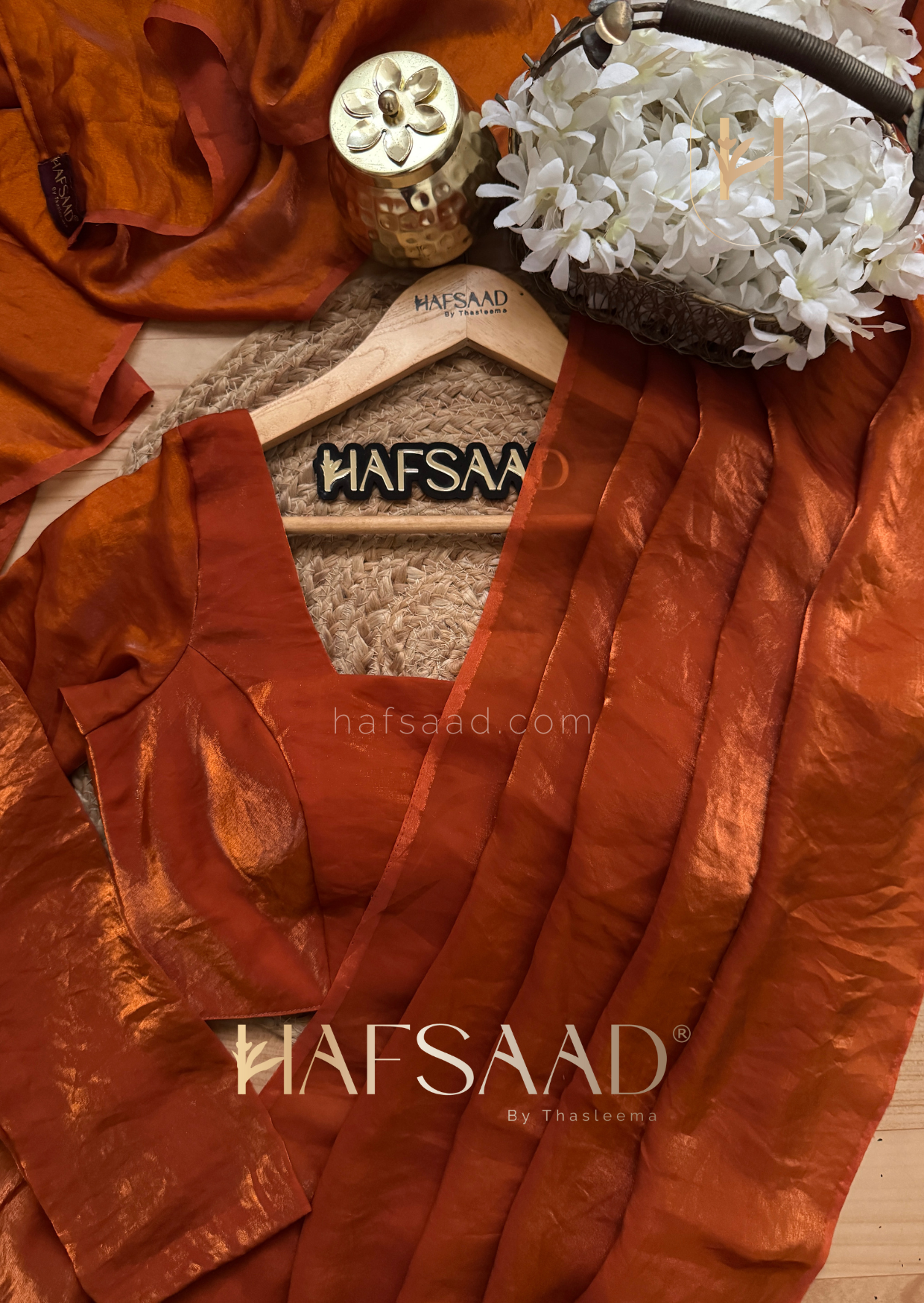 Sinful full sleeve - Stardust satin saree (Burnt orange)