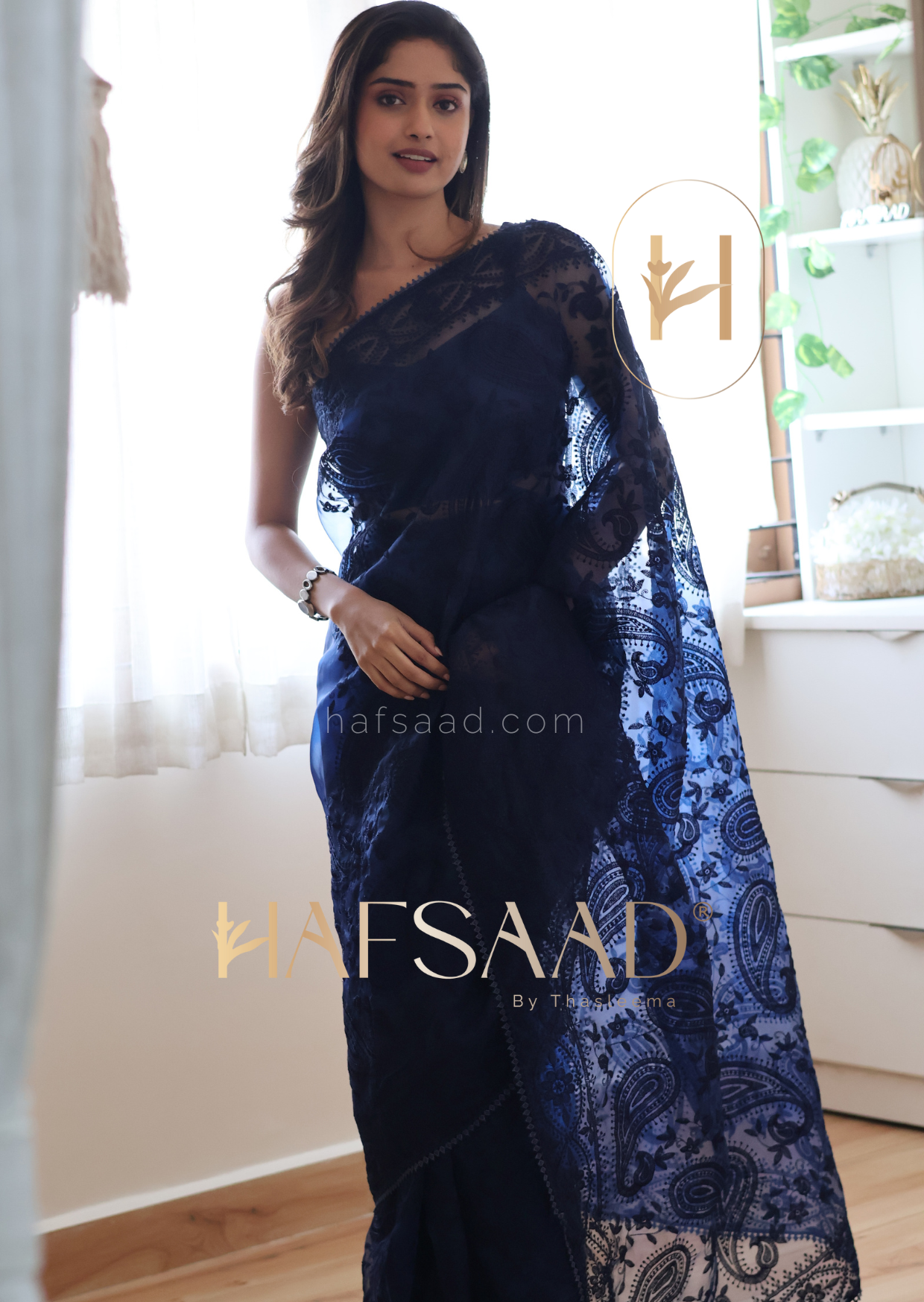 Avni - Chikankari Organza Saree (Navy Blue)