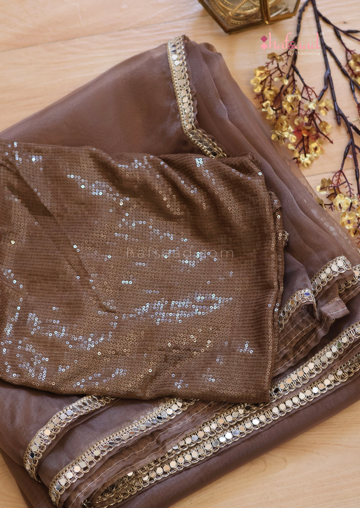 Haseen- organza mirrorwork saree (Hazelnut)