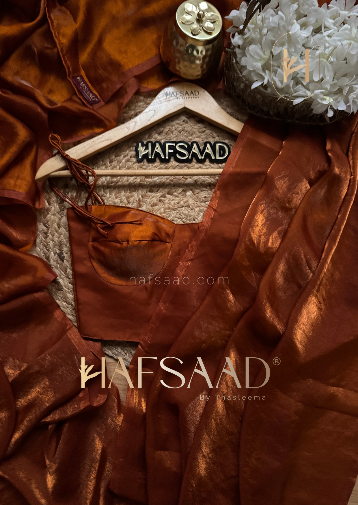 Sinful - Stardust satin saree (Burnt orange)