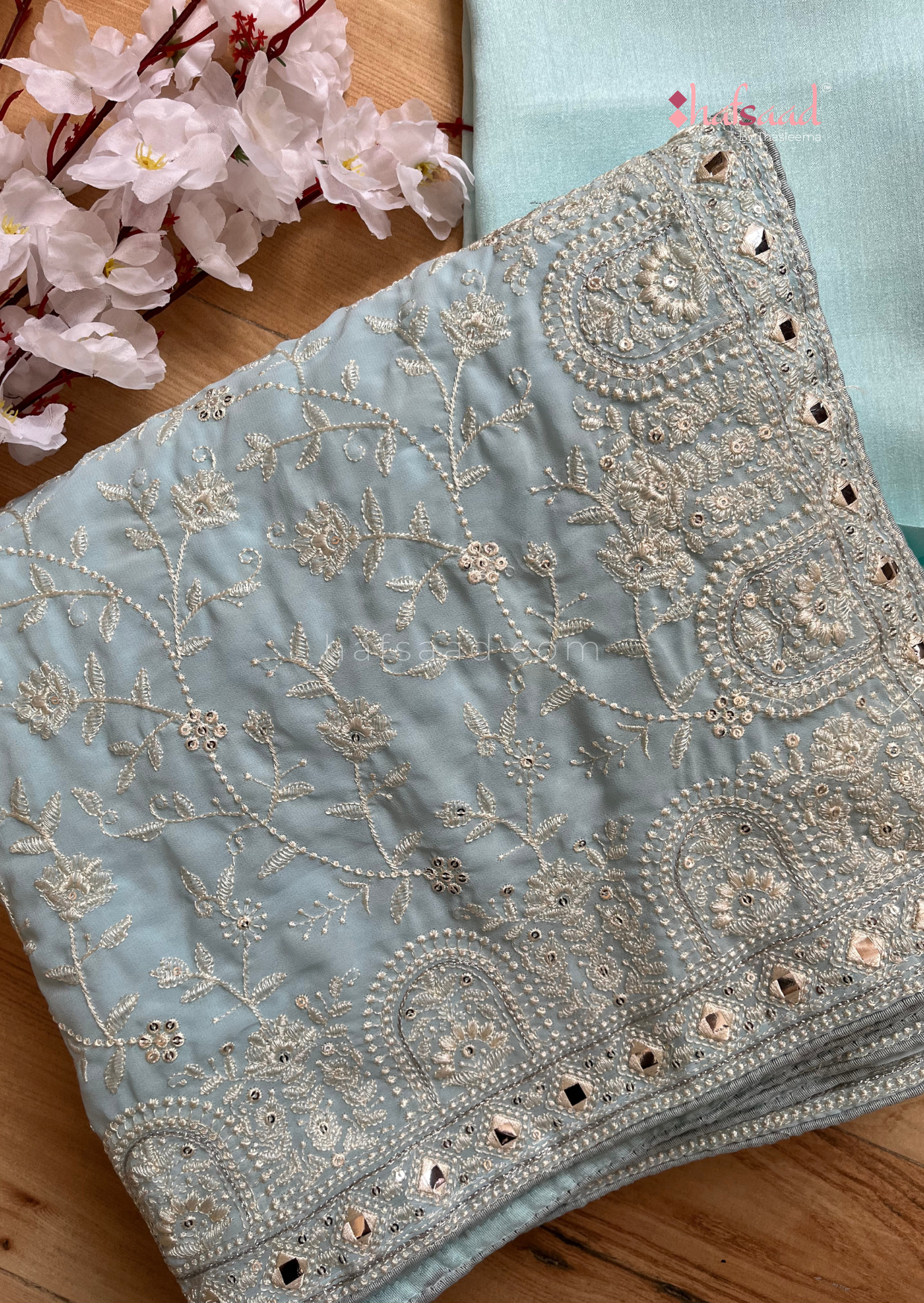 Maryam-Georgette Chikankari Saree (Pastel Blue)