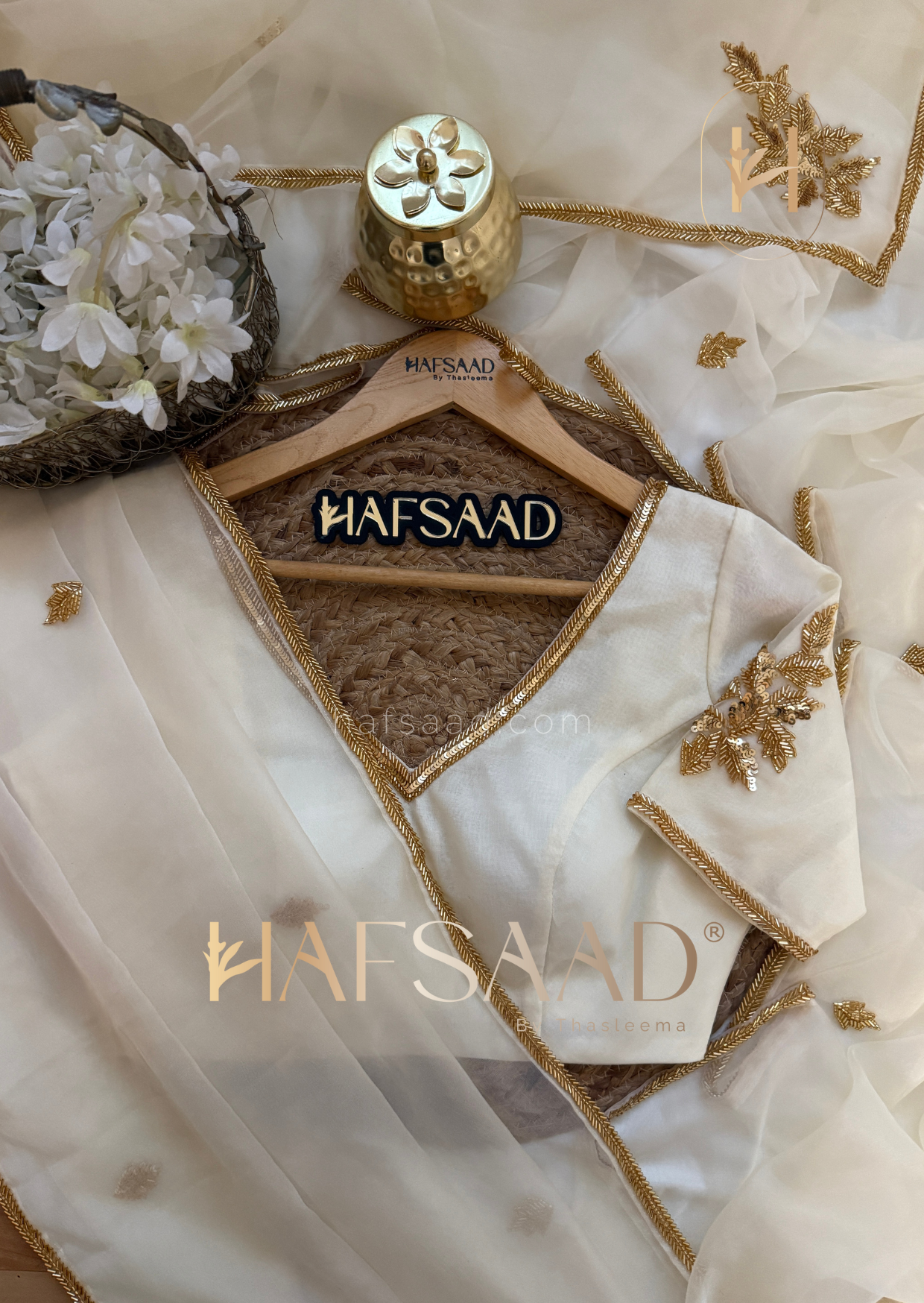 Rini- Pure organza handwork saree (Half white)