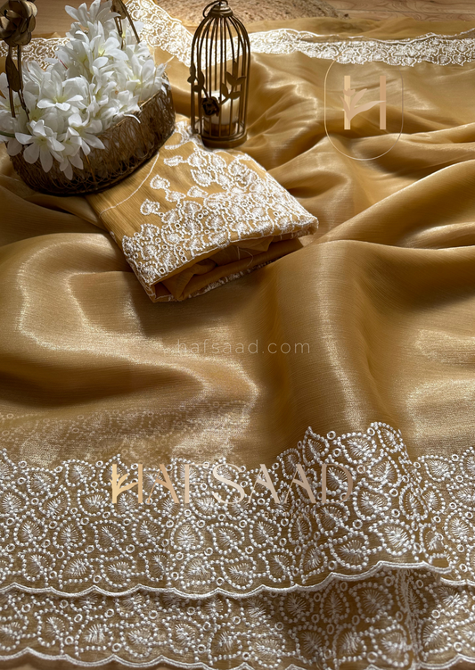 Shalin- crushed satin organza saree (Golden Harvest)