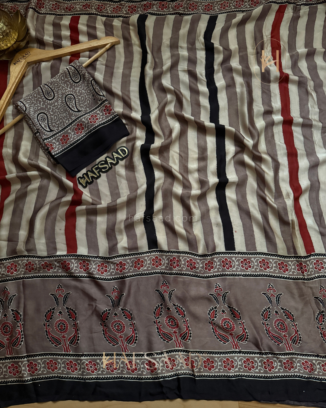 Mohana-Pure Ajrakh Modal Silk Saree (Pastel stripes)