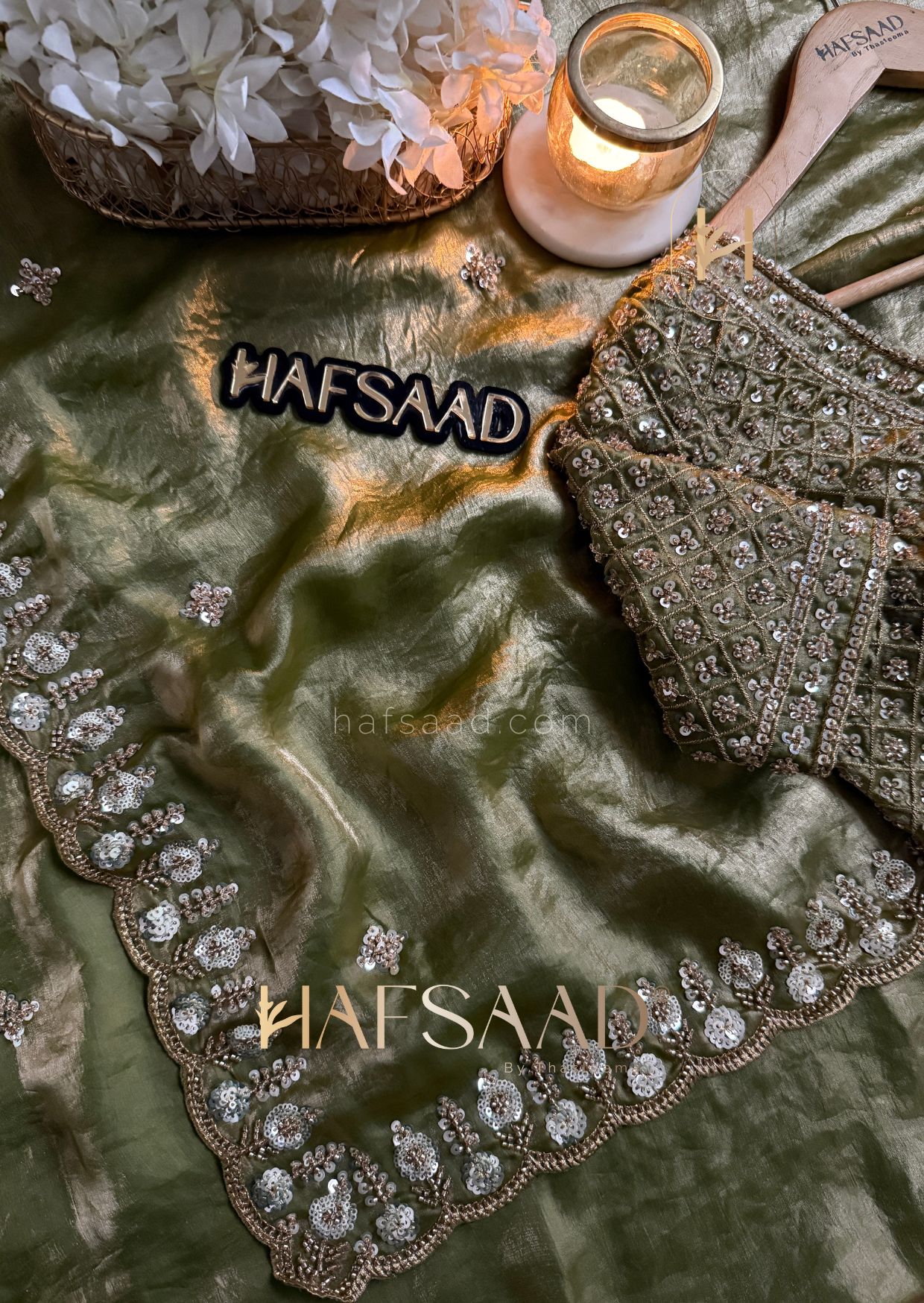 Mirza - Stardust satin saree (Green)