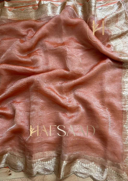 Sayali- Pure tissue silk saree with scallopwork (Coral peach)