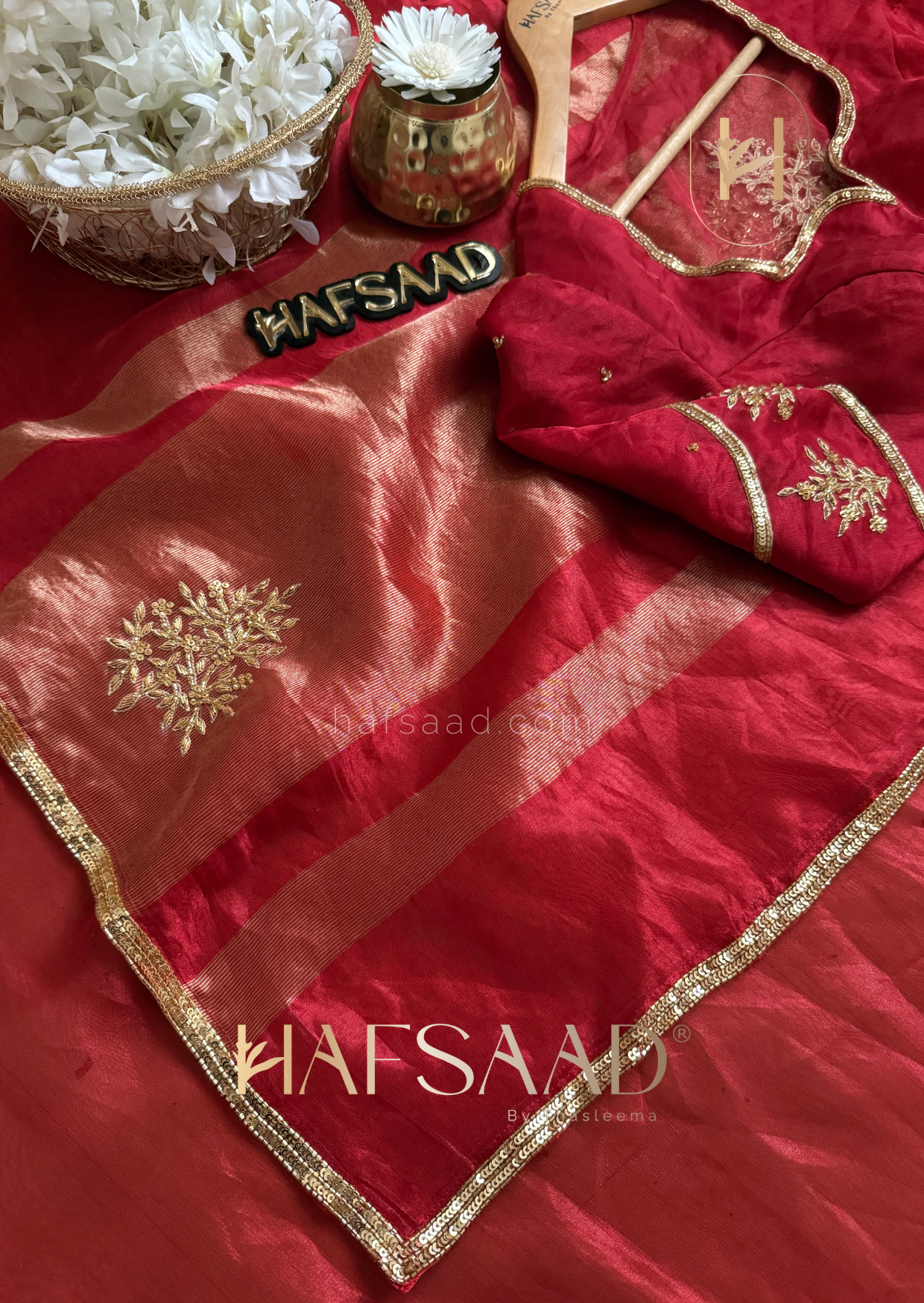 Nargis bridal-Pure tissue silk handwork saree (Red)