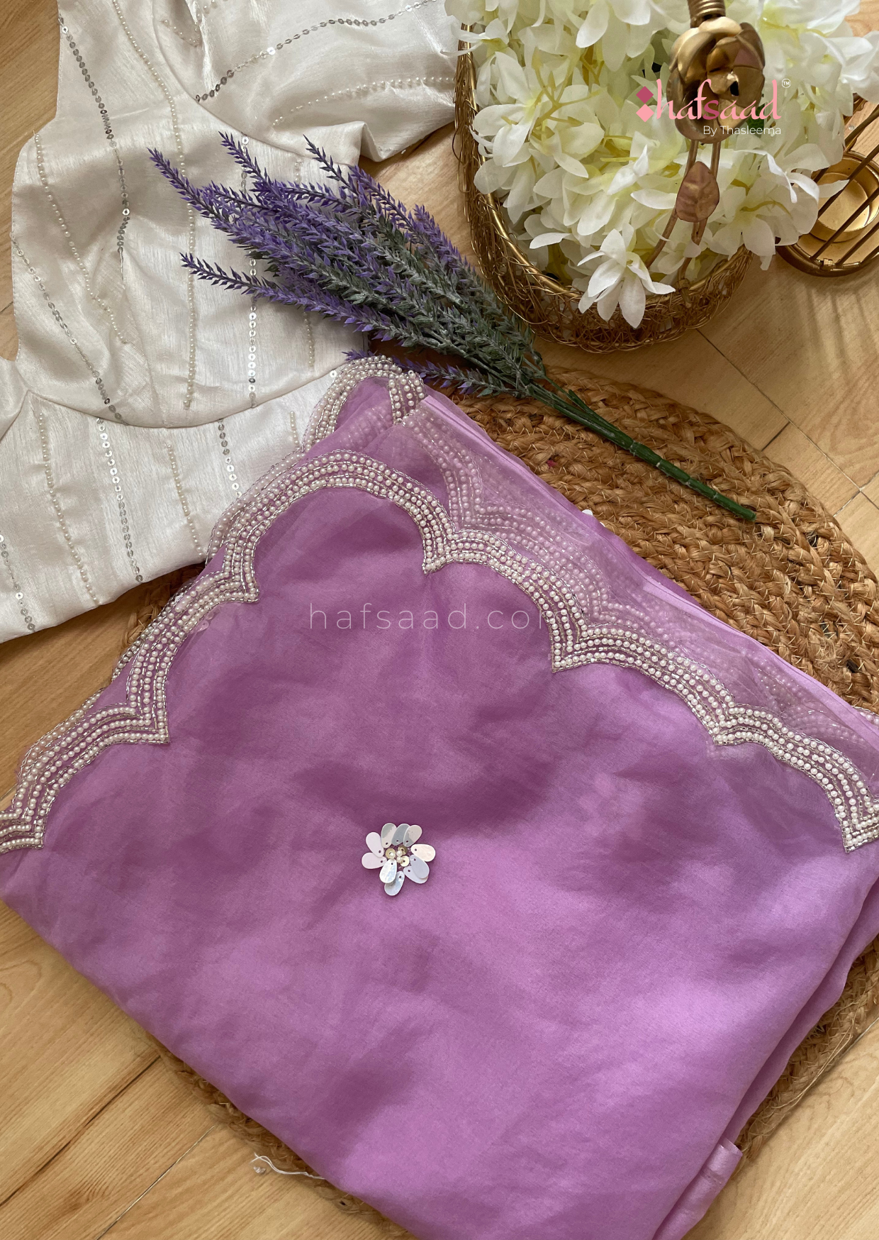 Iris- Premium soft handwork organza saree (Pastel Lilac)