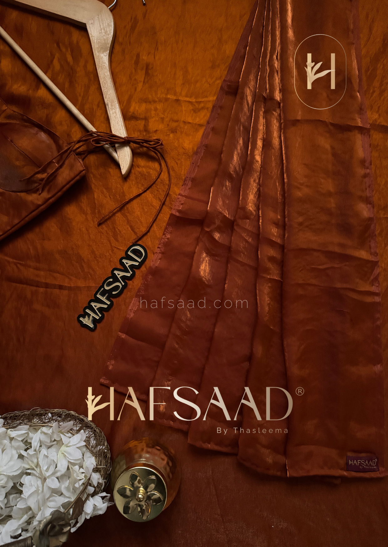 Sinful - Stardust satin saree (Burnt orange)