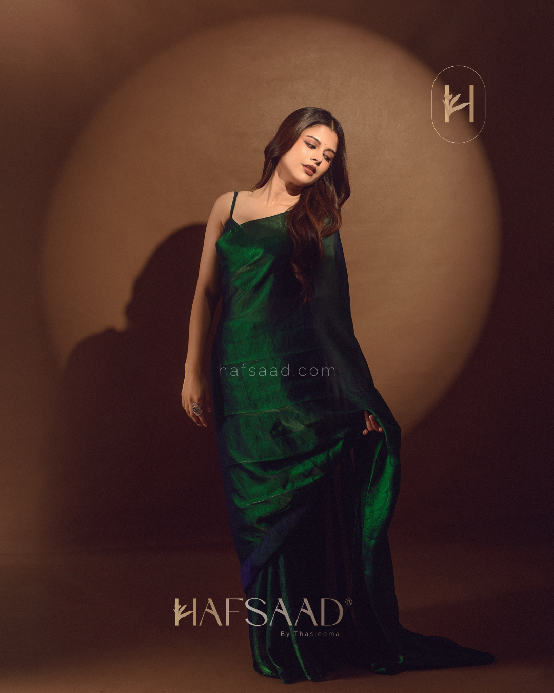 Sanjana in Sinful - Stardust satin saree (Emerald waves)