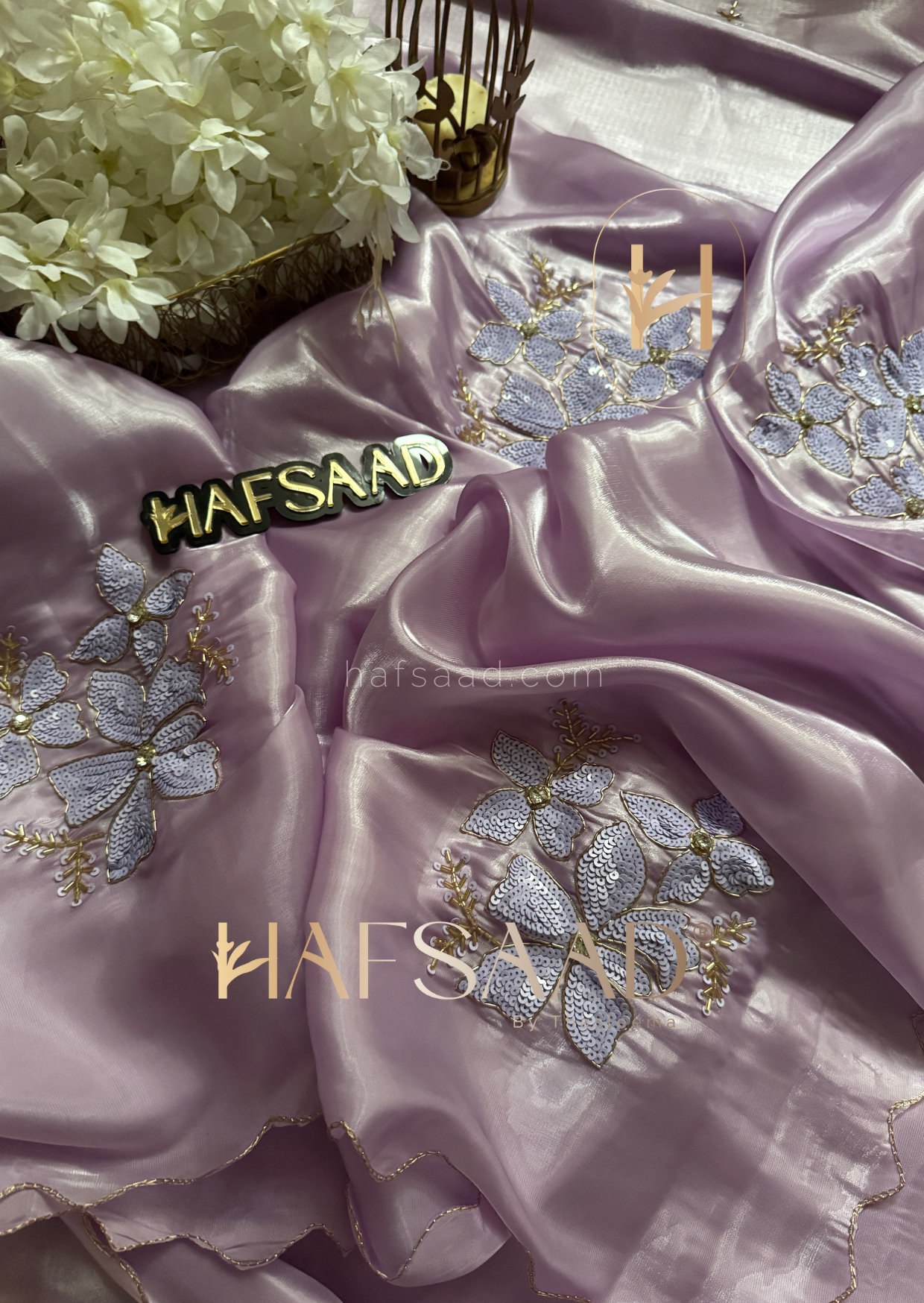 Nina- Handwork satin organza Saree (Lavender)