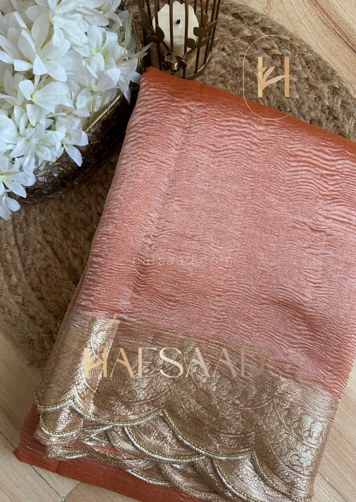 Sayali- Pure tissue silk saree with scallopwork (Coral peach)