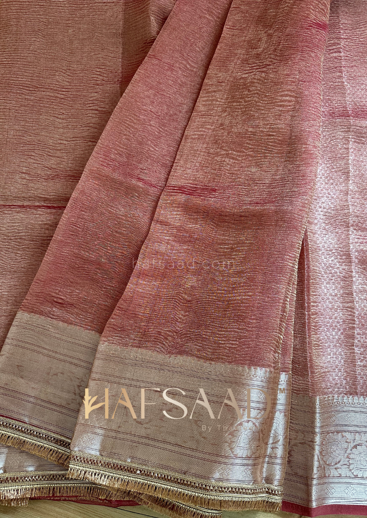 Amara- Crushed pure tissue silk saree (British Rosegold)