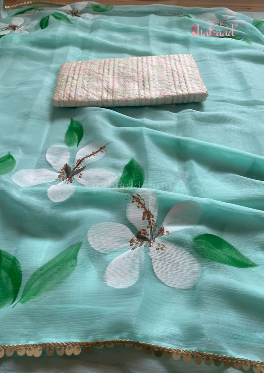 Periwinkle-Ready to wear chiffon handpainted saree (aqua)