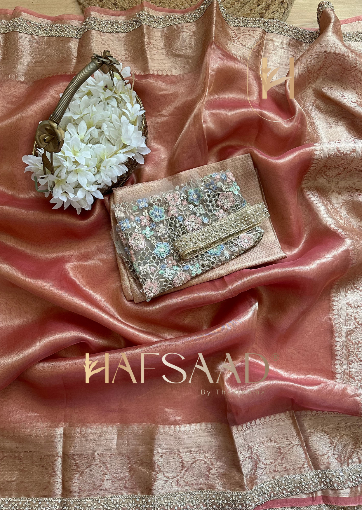 Noor- Pure tissue silk saree (Coral)