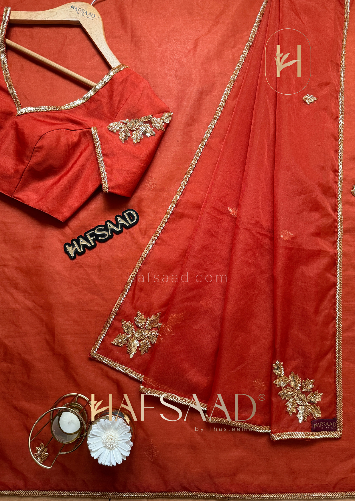 Rini- Pure organza handwork saree (Burnt orange)