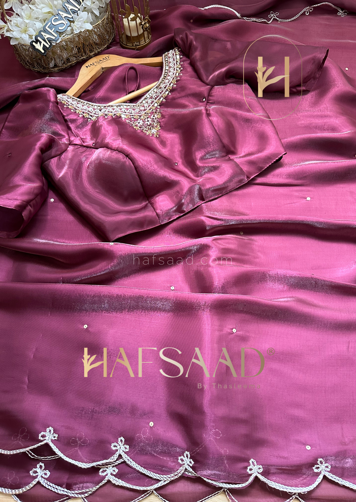 Seema- Handwork satin organza saree (Plum)