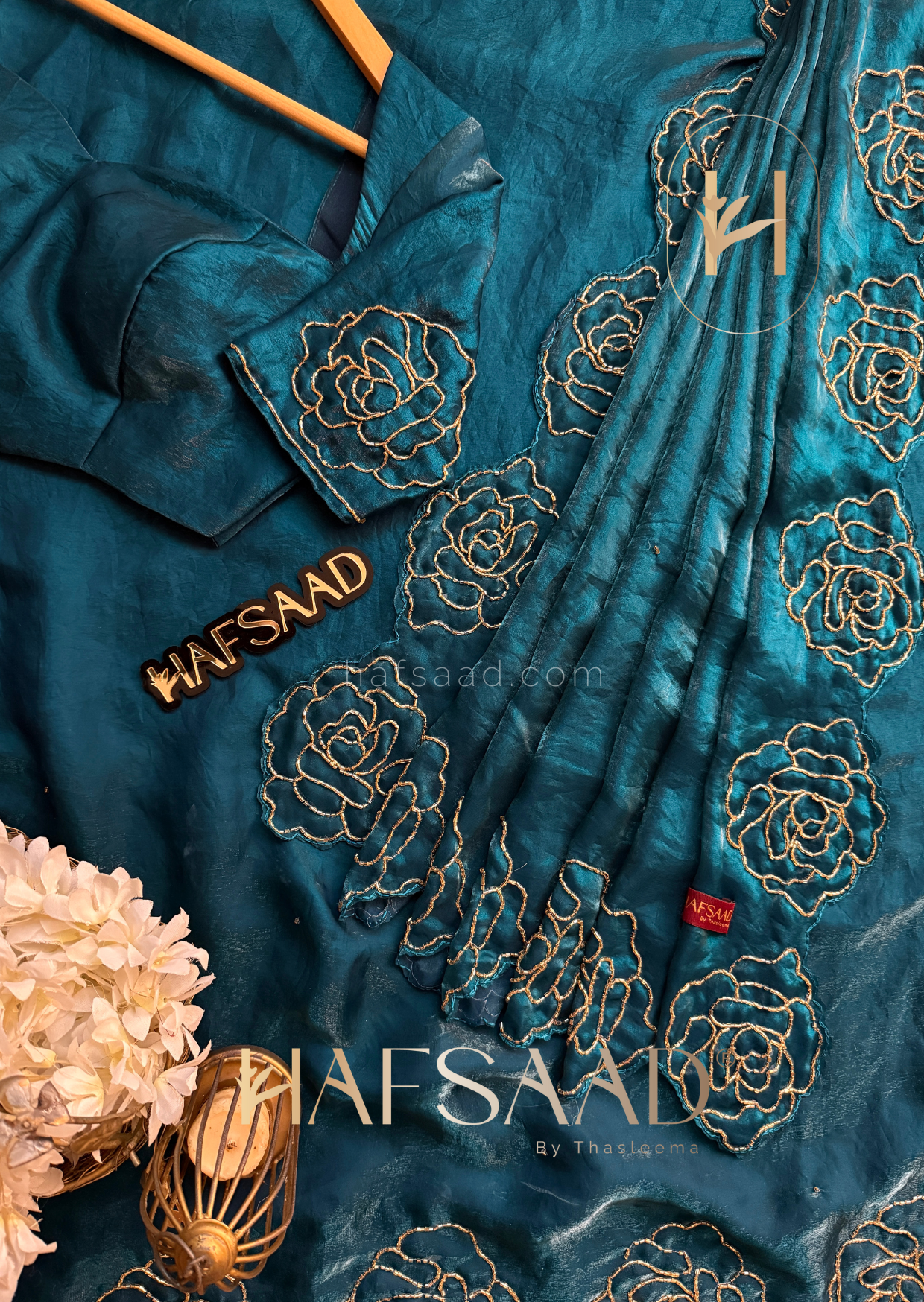 Diana - Premium stardust satin saree (Peacock blue)