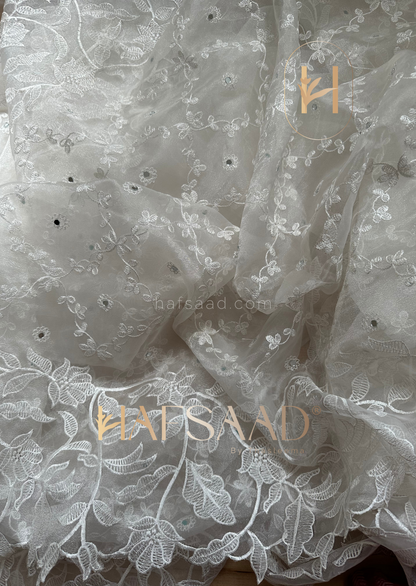 Jeni Studded- Embroidered Organza Saree (White)