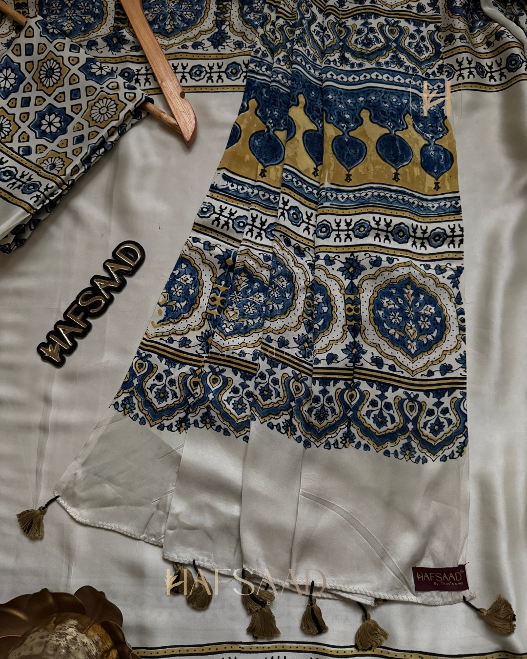 Mohana-Pure Ajrakh Modal Silk Saree (Inked Cream)