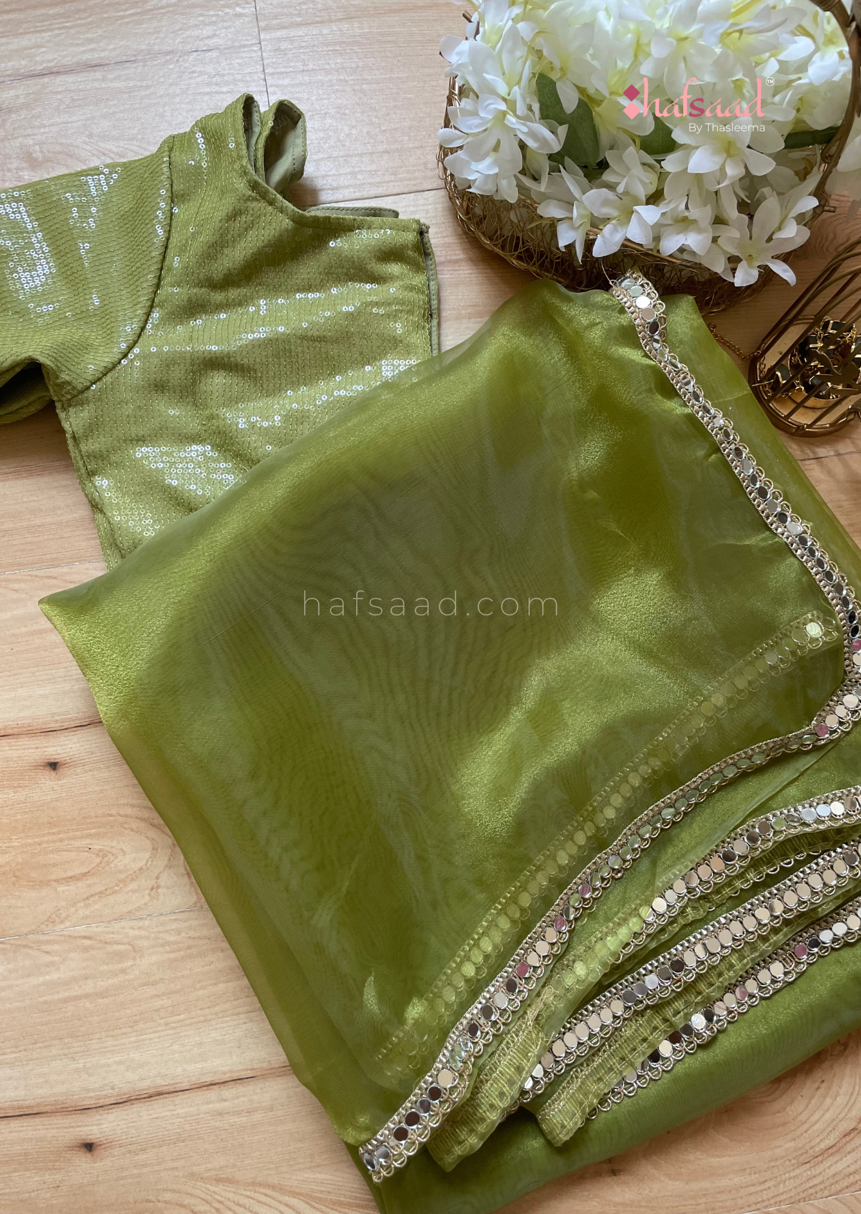 Haseen- Mirror work organza saree (Metalic moss Green)