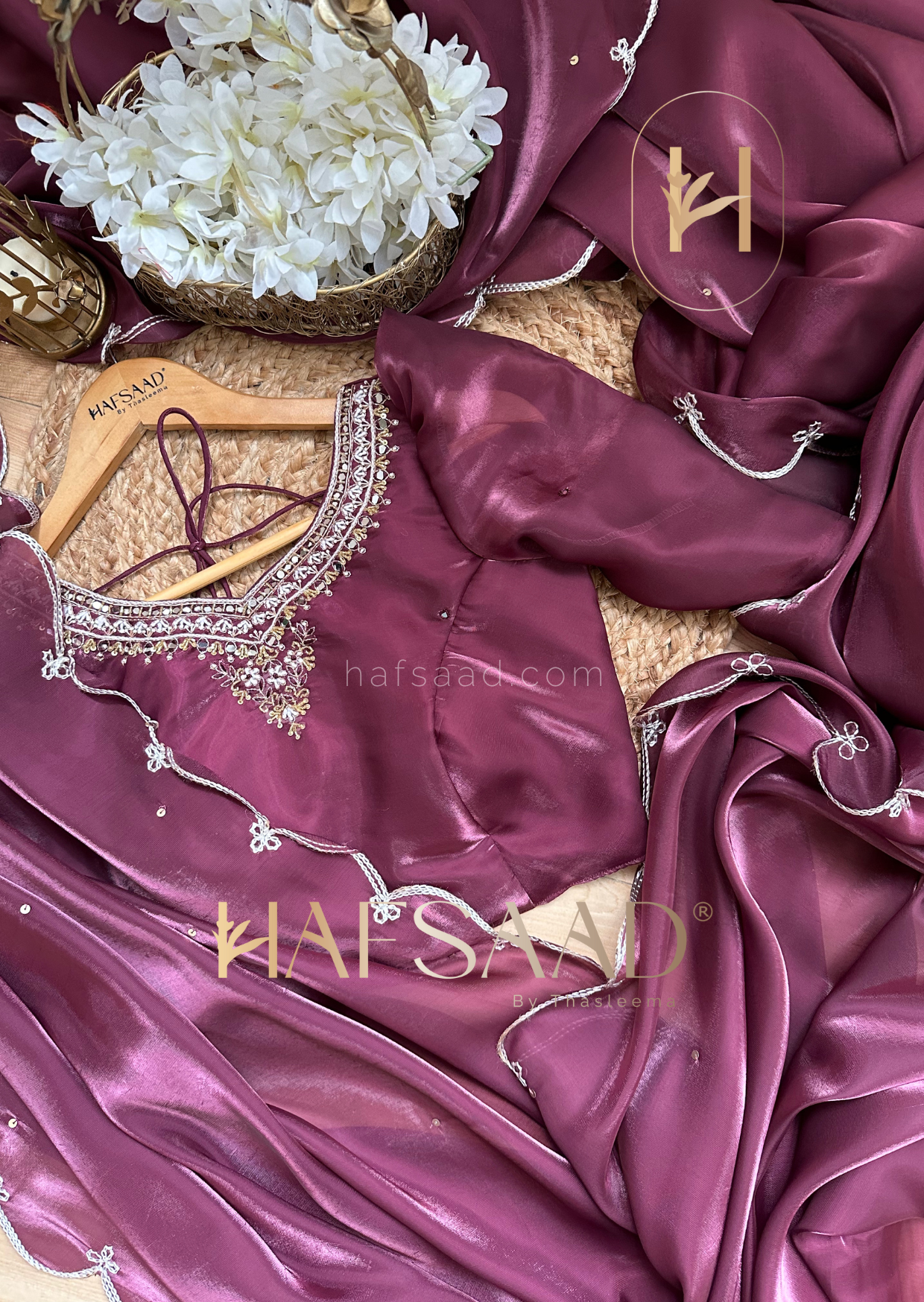 Seema- Handwork satin organza saree (Plum)