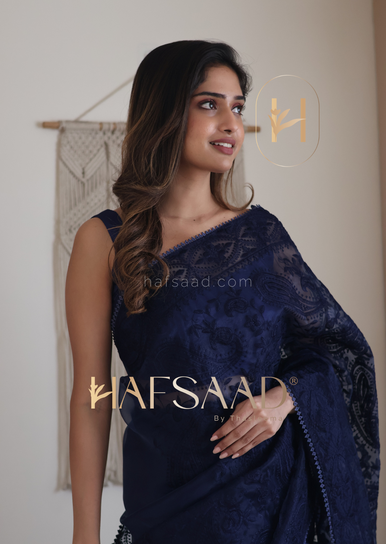 Avni - Chikankari Organza Saree (Navy Blue)