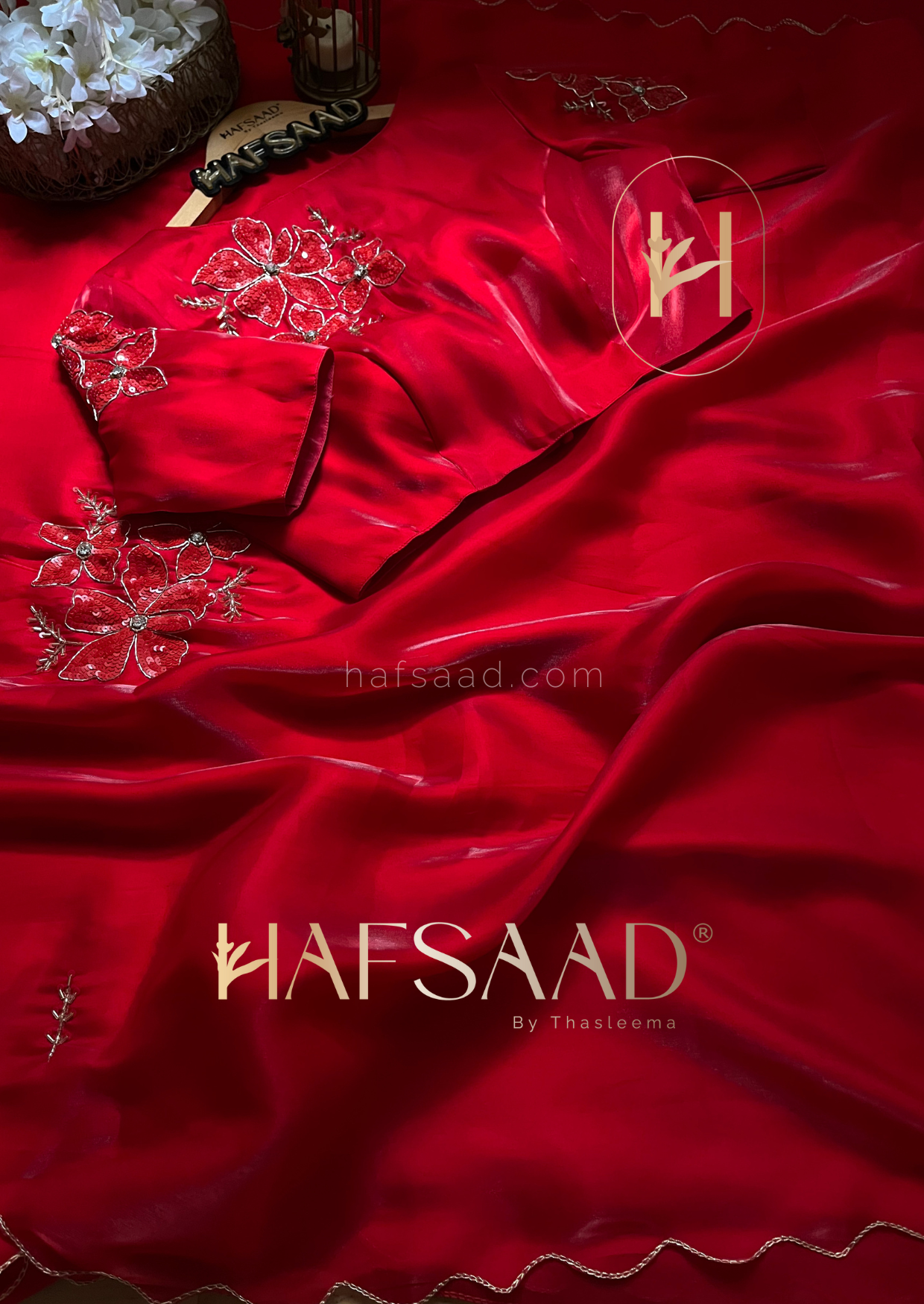 Nina- Handwork satin organza Saree (Red)