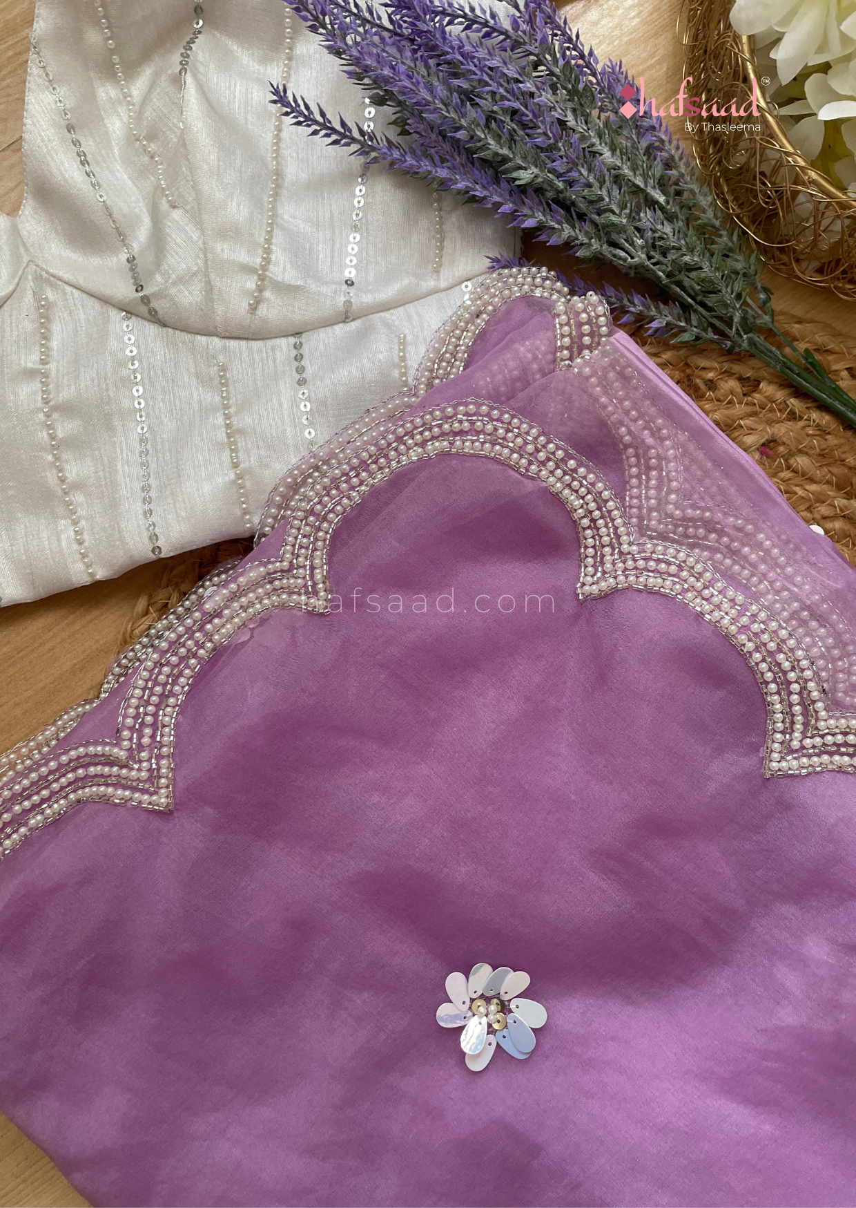 Iris- Premium soft handwork organza saree (Pastel Lilac)