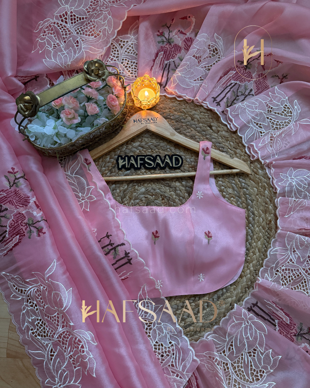 Flamingo - Soft appliqué saree (Pink)