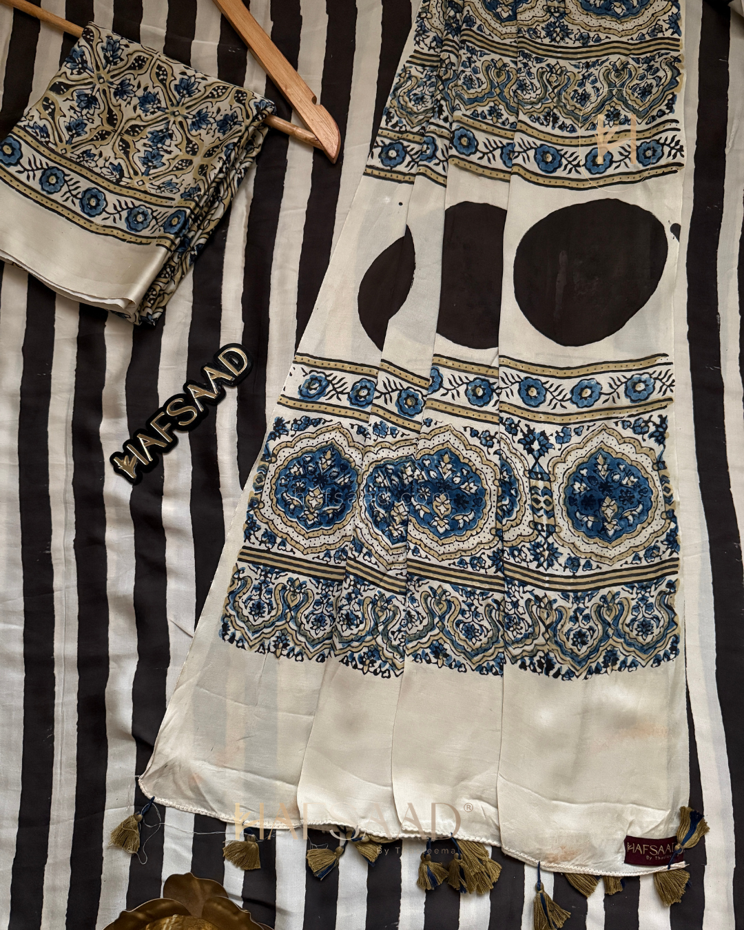 Mohana-Pure Ajrakh Modal Silk Saree (Stripes)