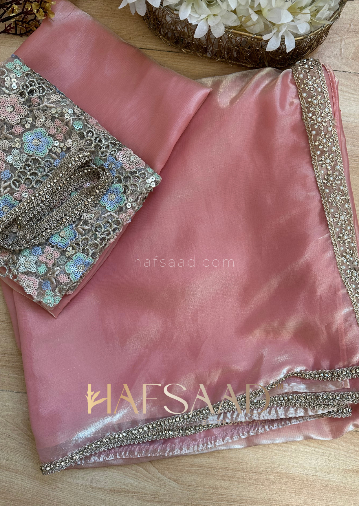 Anastasia- Couture satin organza saree (Peach)