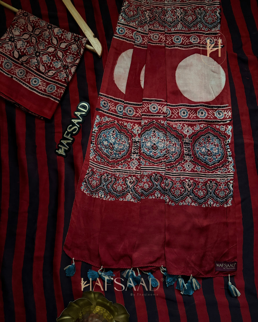 Mohana-Pure Ajrakh Modal Silk Saree (Red stripes)