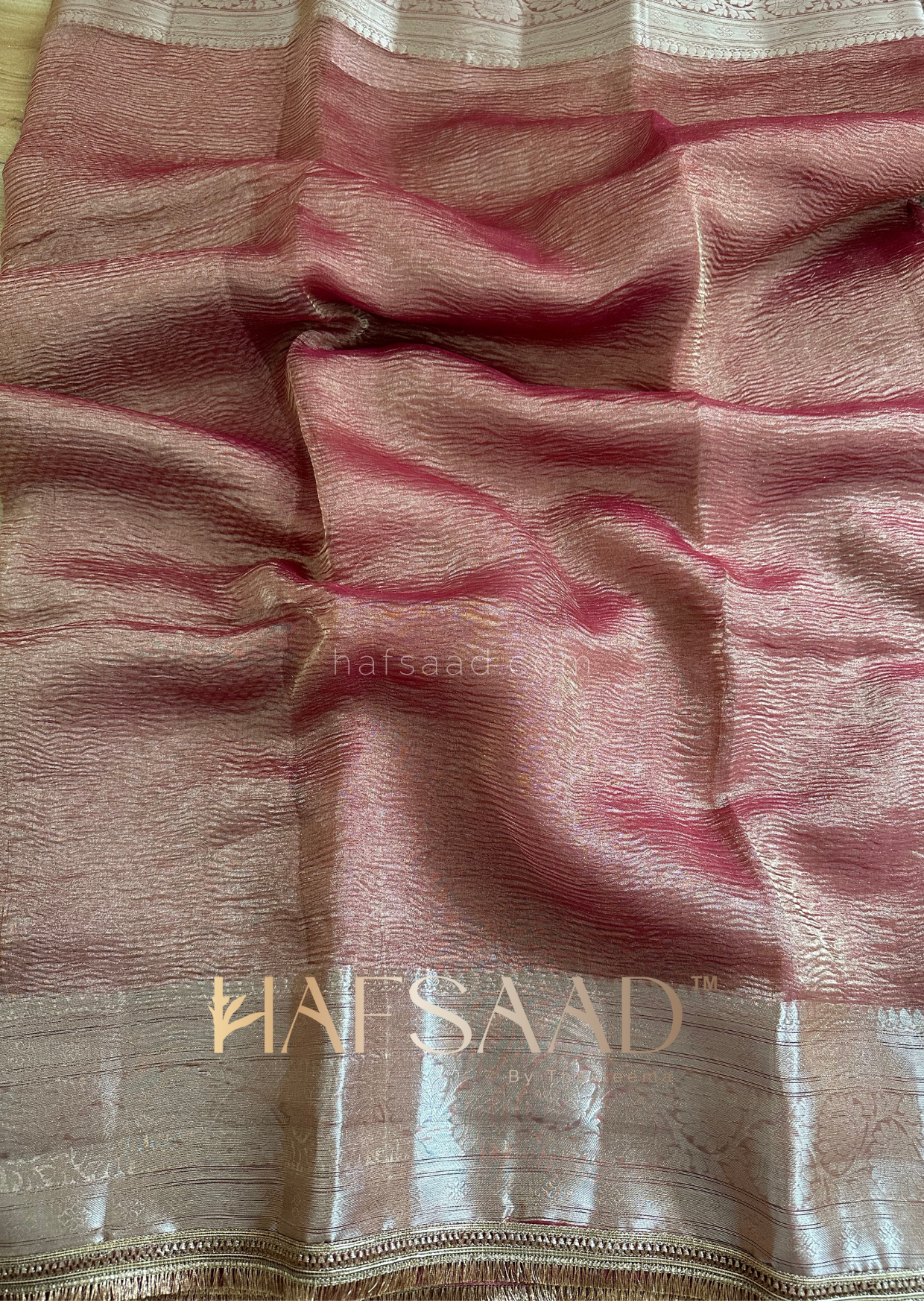 Amara- Crushed pure tissue silk saree (British Rosegold)
