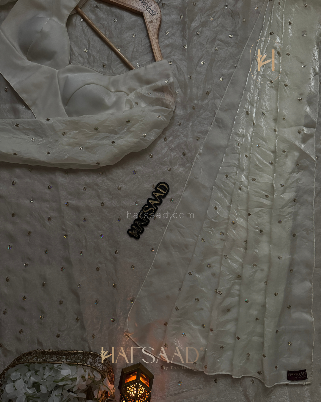 Hani- Stardust Satin Saree (White)