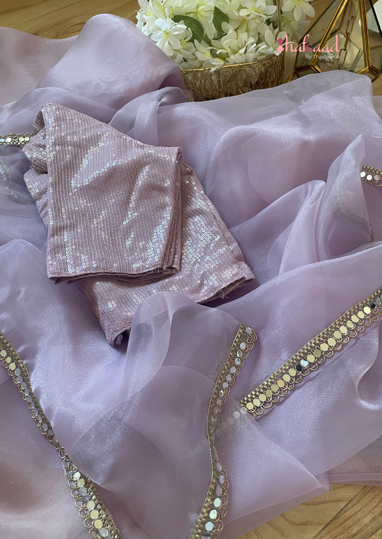 Haseen- Mirror work organza saree (Pastel Lilac)